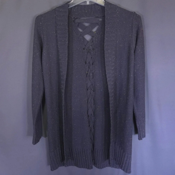 True‎ Craft Lace Up Back Open Cardigan Size Medium Gray with Rainbow Flecks - Picture 1 of 7